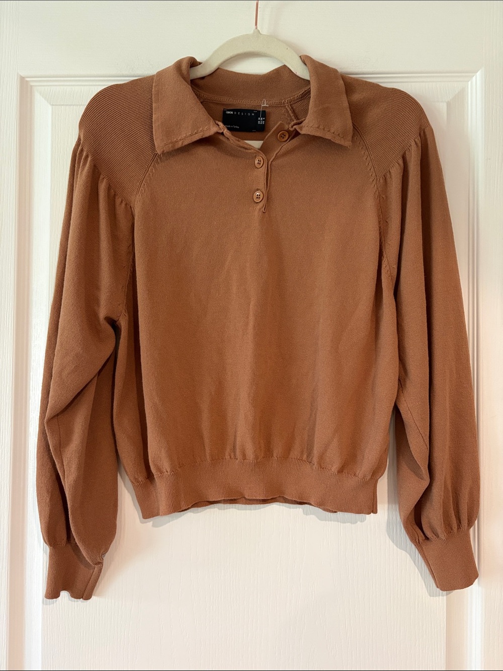ASOS Rust Brown Polo-Style Balloon Sleeve Knit Top